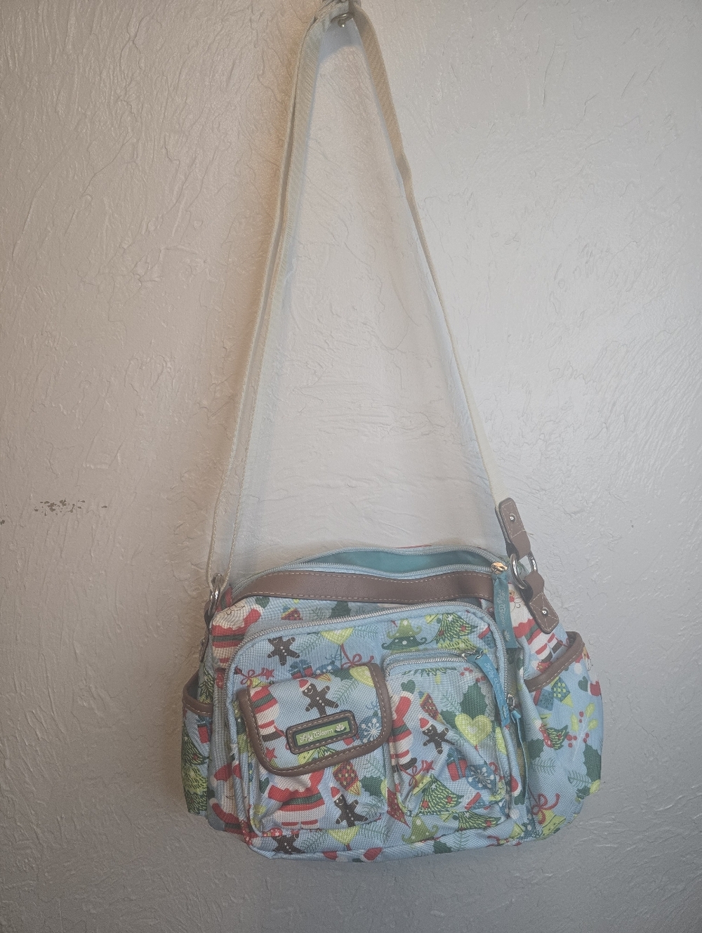 Lily Bloom Christmas Crossbody Bag Holiday Print Multi Pocket Blue Vegan Leather